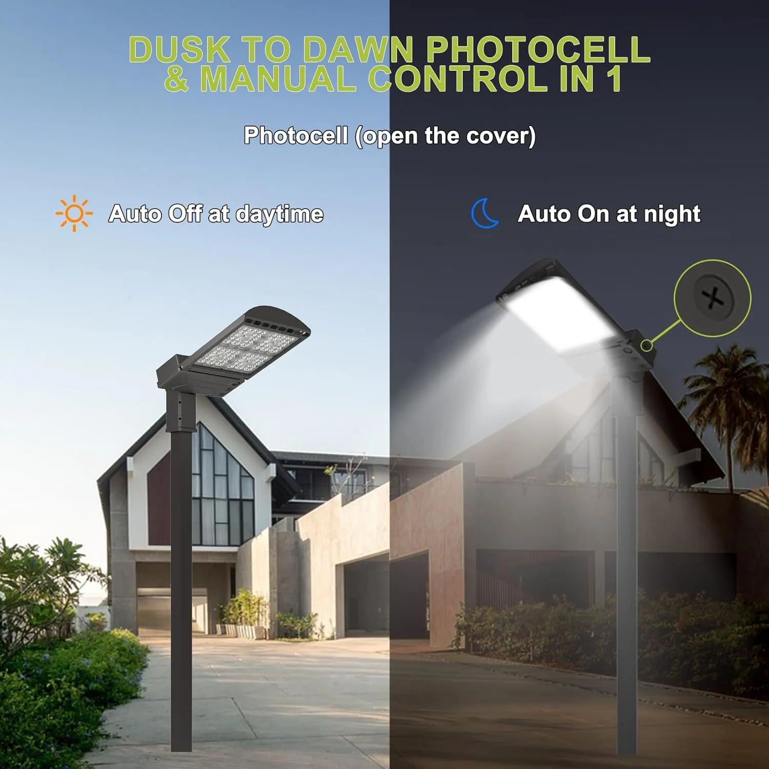 LED Parking Lot Lights 300w-240w-200w turnable 5700k/5000K/4000K Adjustable Dusk-to-Dawn Photocell Outdoor IP65 Commercial Street Area Lighting 1 Pack (Optional Motion Sensor, Extra Purchase)