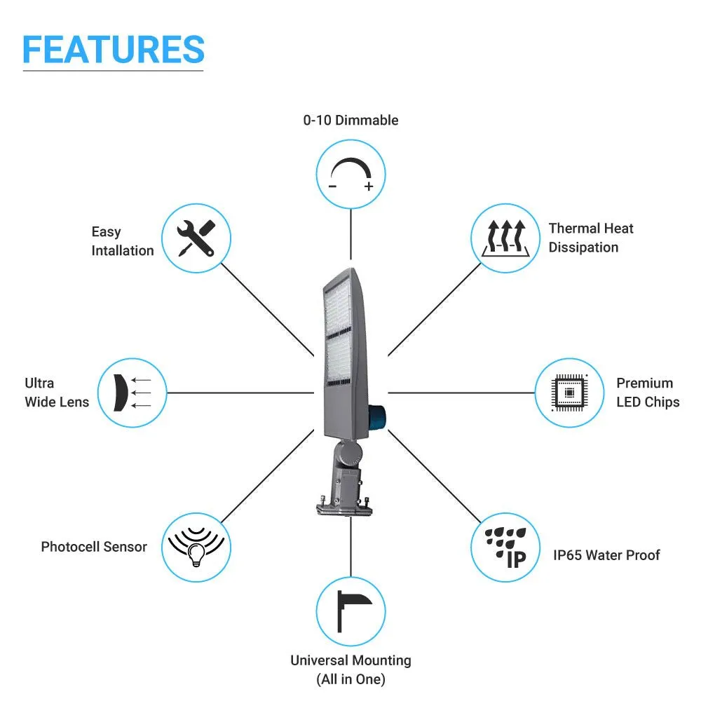 LED Pole Light with Dusk to Dawn Photocell, 300W/240W/200W Wattage Adjustable, 5700K, 133 LM/W, Universal Mount (Adjustable Slip Fitter   Wall Mount), Silver, IP65 Waterproof, AC100-277V, LED Parking Lot Lights - Outdoor Commercial Area Street Lighting,