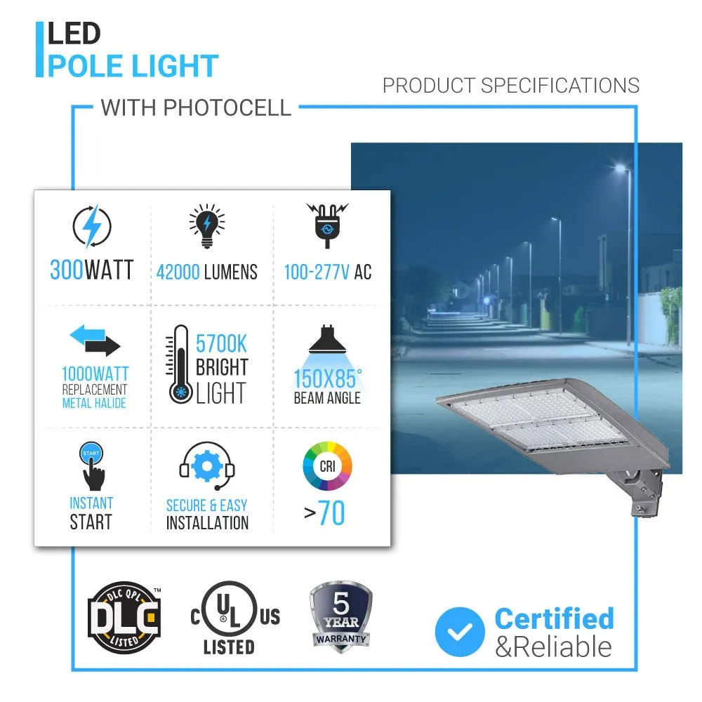 LED Pole Light with Dusk to Dawn Photocell, 300W/240W/200W Wattage Adjustable, 5700K, 133 LM/W, Universal Mount (Adjustable Slip Fitter   Wall Mount), Silver, IP65 Waterproof, AC100-277V, LED Parking Lot Lights - Outdoor Commercial Area Street Lighting,