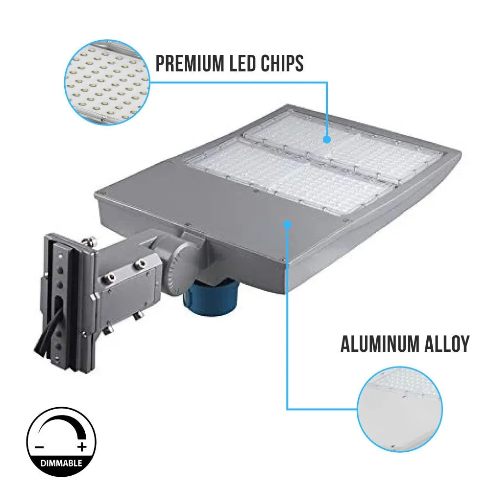 LED Pole Light with Dusk to Dawn Photocell, 300W/240W/200W Wattage Adjustable, 5700K, 133 LM/W, Universal Mount (Adjustable Slip Fitter   Wall Mount), Silver, IP65 Waterproof, AC100-277V, LED Parking Lot Lights - Outdoor Commercial Area Street Lighting,