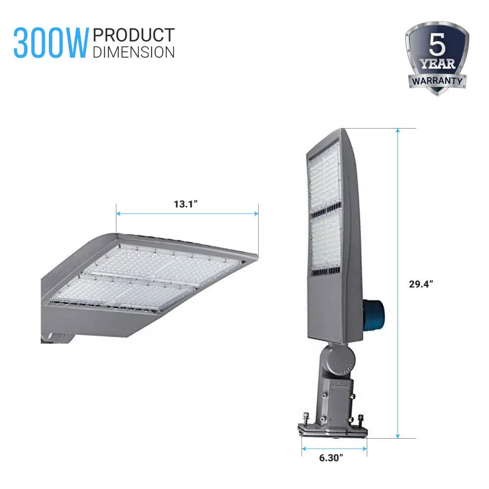 LED Pole Light with Dusk to Dawn Photocell, 300W/240W/200W Wattage Adjustable, 5700K, 133 LM/W, Universal Mount (Adjustable Slip Fitter   Wall Mount), Silver, IP65 Waterproof, AC100-277V, LED Parking Lot Lights - Outdoor Commercial Area Street Lighting,