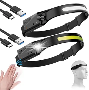 LED Rechargeable Headlamp, Adults Waterproof Strip Lamp Head Lamp, 230° Wide Beam Headlamps Flashlights, Camping Lightweight Headlamps, 5 Modes Motion Sensor for Outdoor Running, Fishing, Hiking