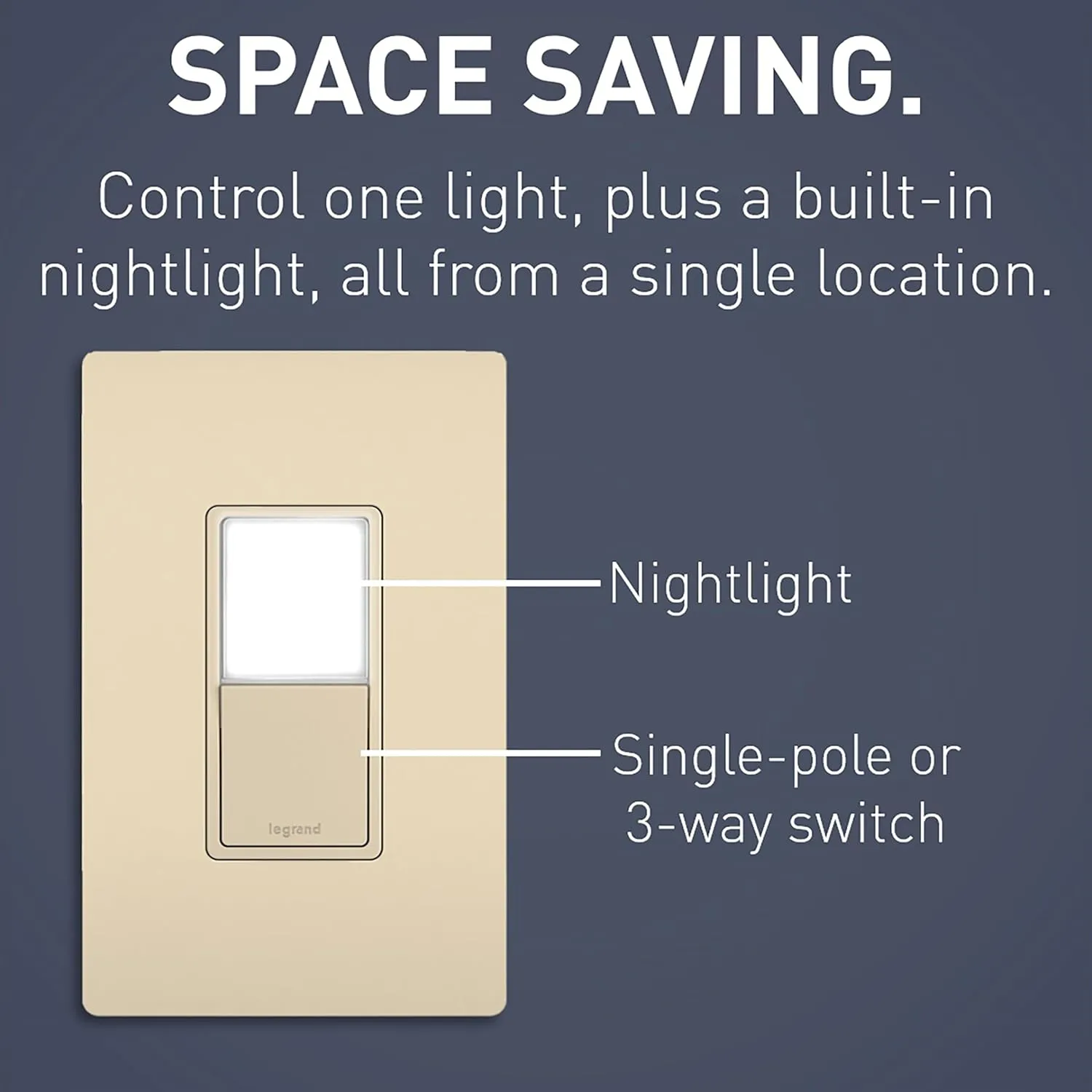 Legrand radiant NTL873ICC6 15 Amp Combination Adjustable LED Night Light and 3-Way Decorator Rocker Switch for Hallways or Kids Bedrooms, Ivory (1 Count)