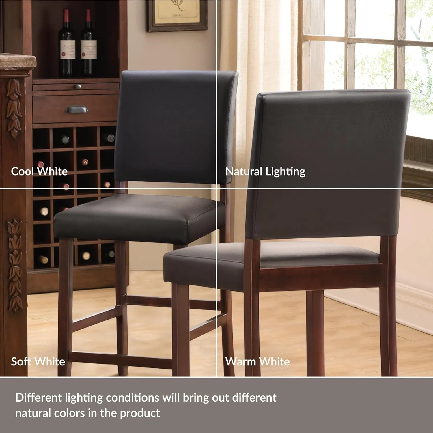 Leick Home Brax Counter Height Stool with Upholstered Back and Wood Base – Set of 4 for Elevated Kitchen Counters, High Top Tables, and Bars – Modern Chairs in Cappuccino and Ebony, 214924