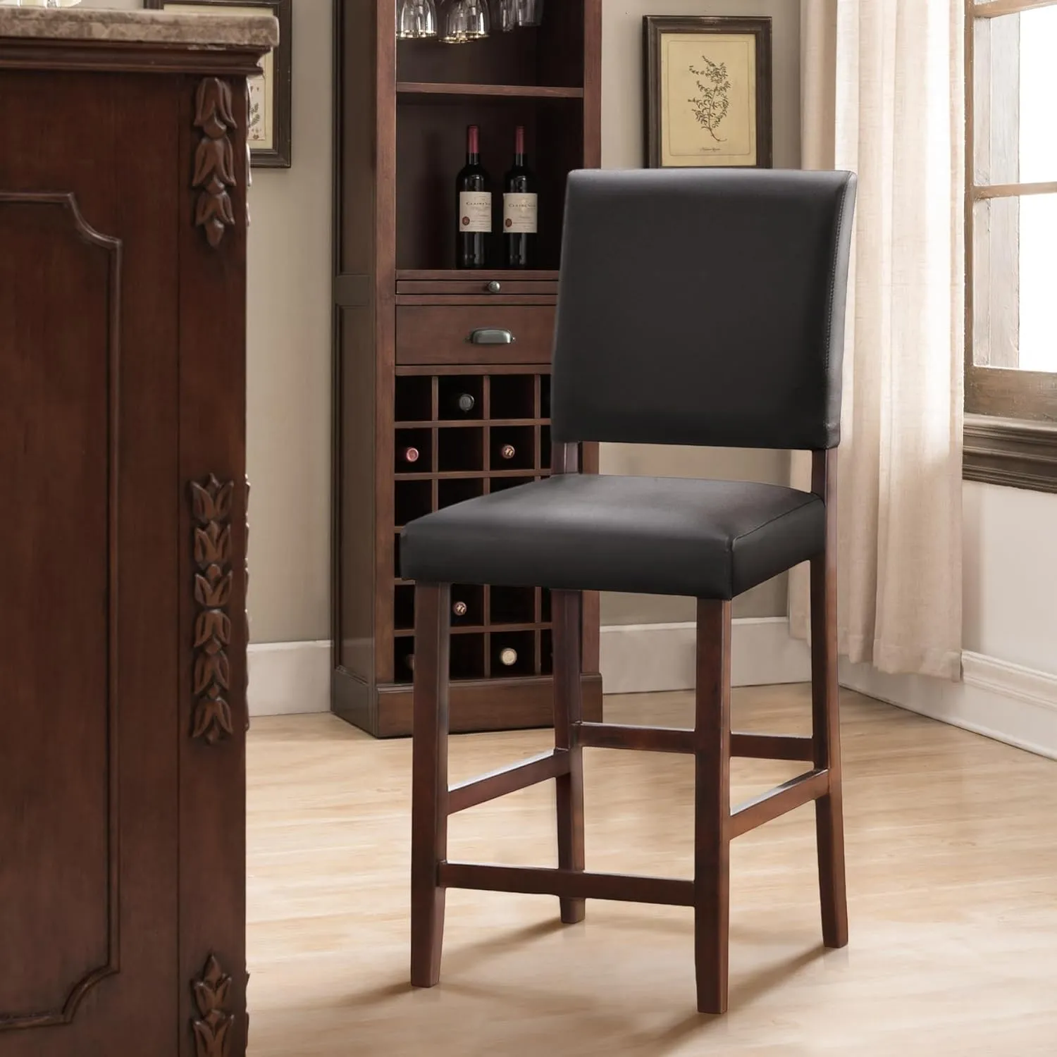 Leick Home Brax Counter Height Stool with Upholstered Back and Wood Base – Set of 4 for Elevated Kitchen Counters, High Top Tables, and Bars – Modern Chairs in Cappuccino and Ebony, 214924