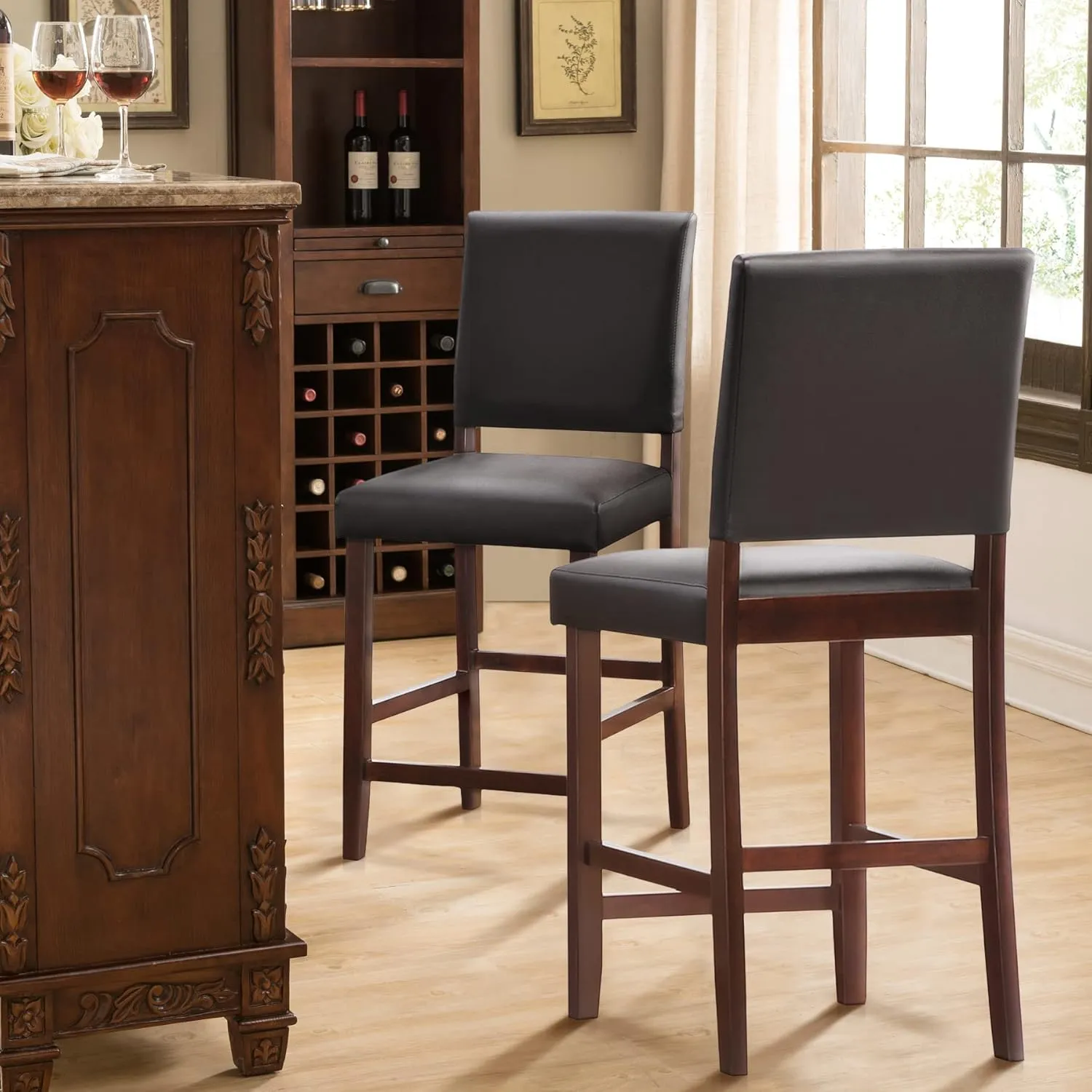 Leick Home Brax Counter Height Stool with Upholstered Back and Wood Base – Set of 4 for Elevated Kitchen Counters, High Top Tables, and Bars – Modern Chairs in Cappuccino and Ebony, 214924