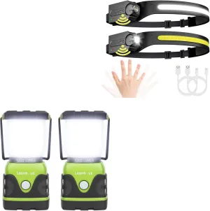 Lepro Bundle - 1000LM Battery Powered LED Camping Lantern, Waterproof Tent Light with 4 Light Modes & PR320019-2 Super Bright Head lamp with Motion Sensor, 230° Wide Beam & Adjustable