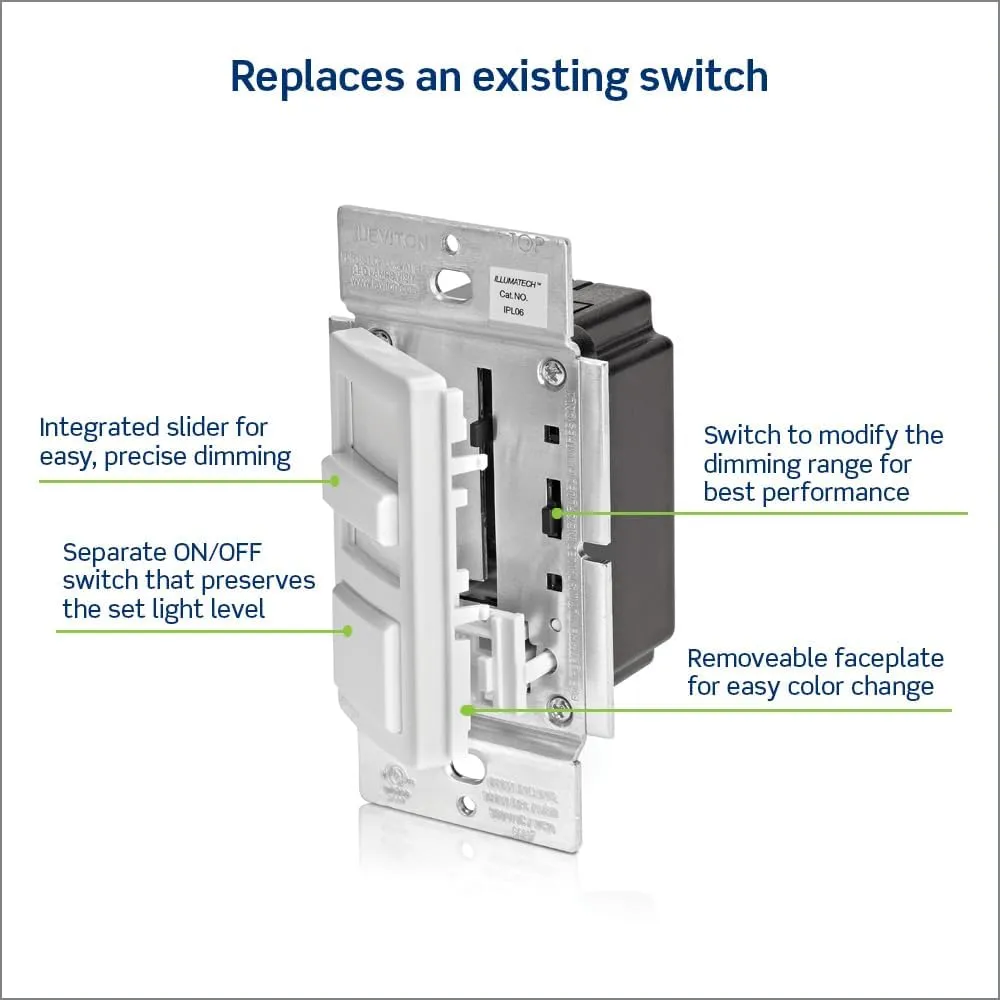 Leviton IllumaTech Dimmer Switch for Dimmable LED, Halogen and Incandescent Bulbs, IPL06-10Z, White with Ivory and Light Almond Faceplates