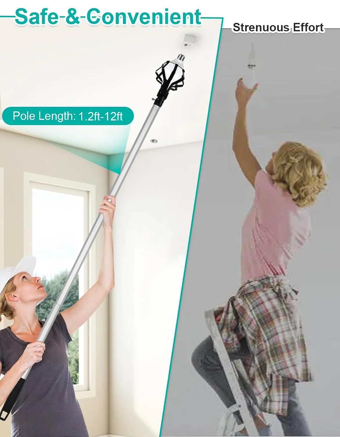 Light Bulb Changer for High Ceilings, Lightweight Light Bulb Changer,High Reach Light Bulb Changer Reach up to 18FT,High Ceiling Light Bulb Changer with Pole-12FT Extension Pole
