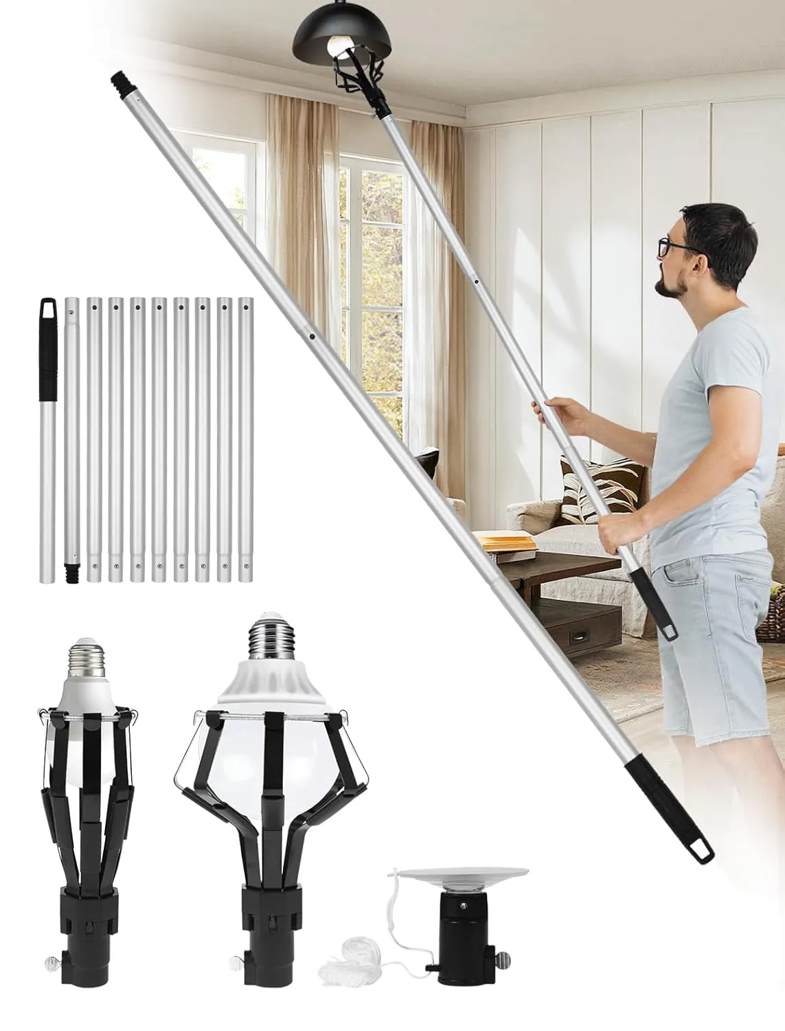 Light Bulb Changer for High Ceilings, Lightweight Light Bulb Changer,High Reach Light Bulb Changer Reach up to 18FT,High Ceiling Light Bulb Changer with Pole-12FT Extension Pole