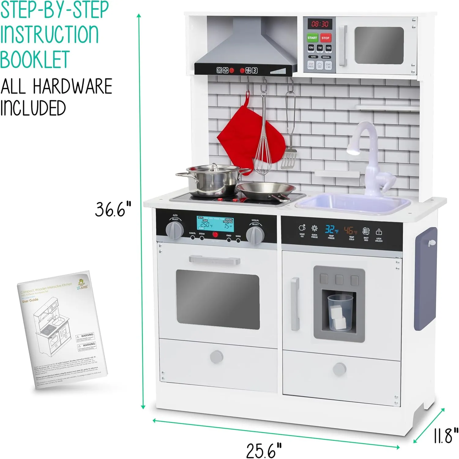 Lil' Jumbl Kids White Small Kitchen Set, Pretend Wooden Play Kitchen, Includes Range Hood, Microwave, Stove Top, Oven That Make Realistic Sound & Light, Pots, Pan, Cutting Board & Utensils Included,