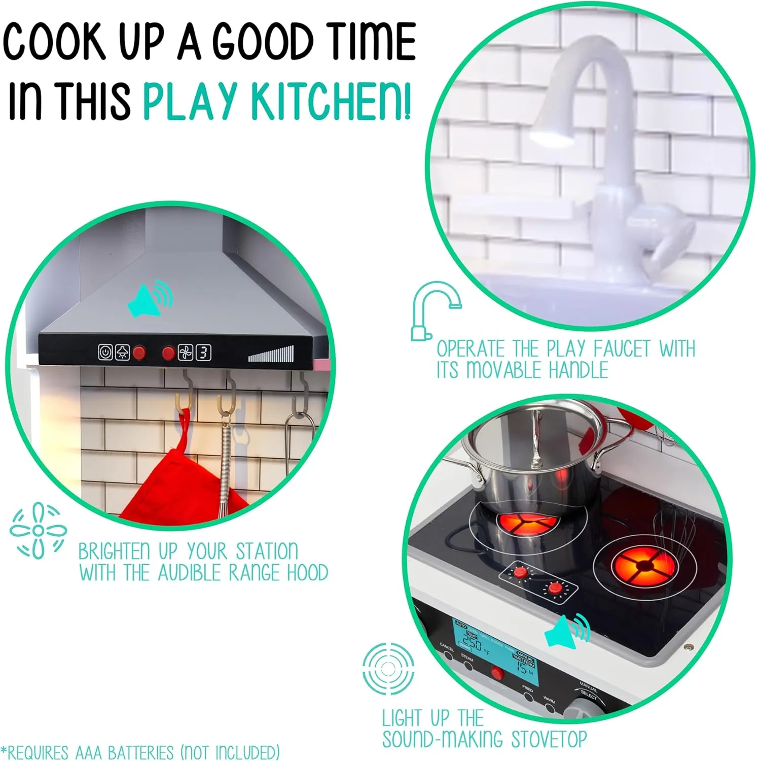 Lil' Jumbl Kids White Small Kitchen Set, Pretend Wooden Play Kitchen, Includes Range Hood, Microwave, Stove Top, Oven That Make Realistic Sound & Light, Pots, Pan, Cutting Board & Utensils Included,