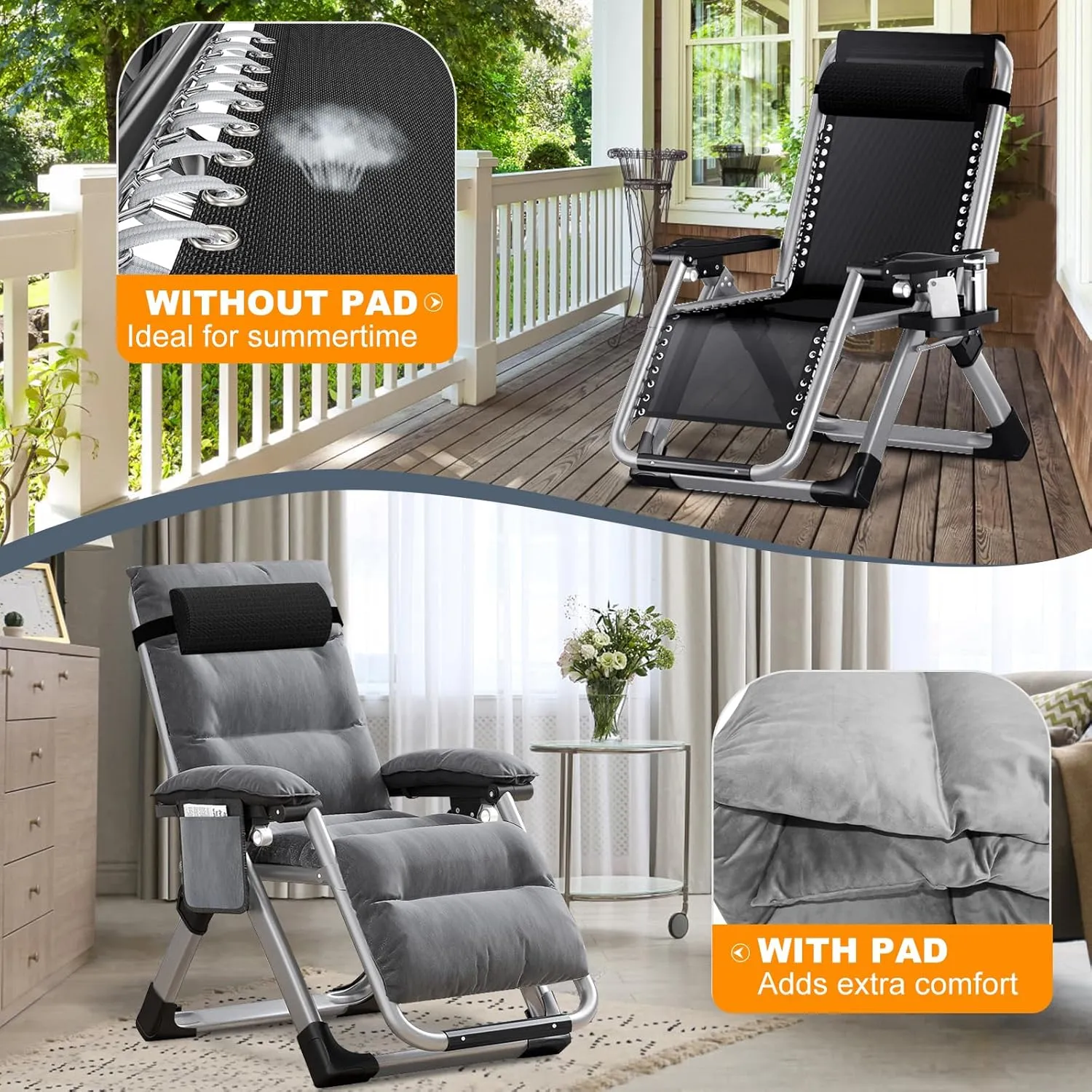 LILYPELLE Comfy Folding Chair, Folding Lounge Chair for Bedroom and Living Room, Folding Reclining Patio Chairs with Removable Cushion for Indoor Outdoor