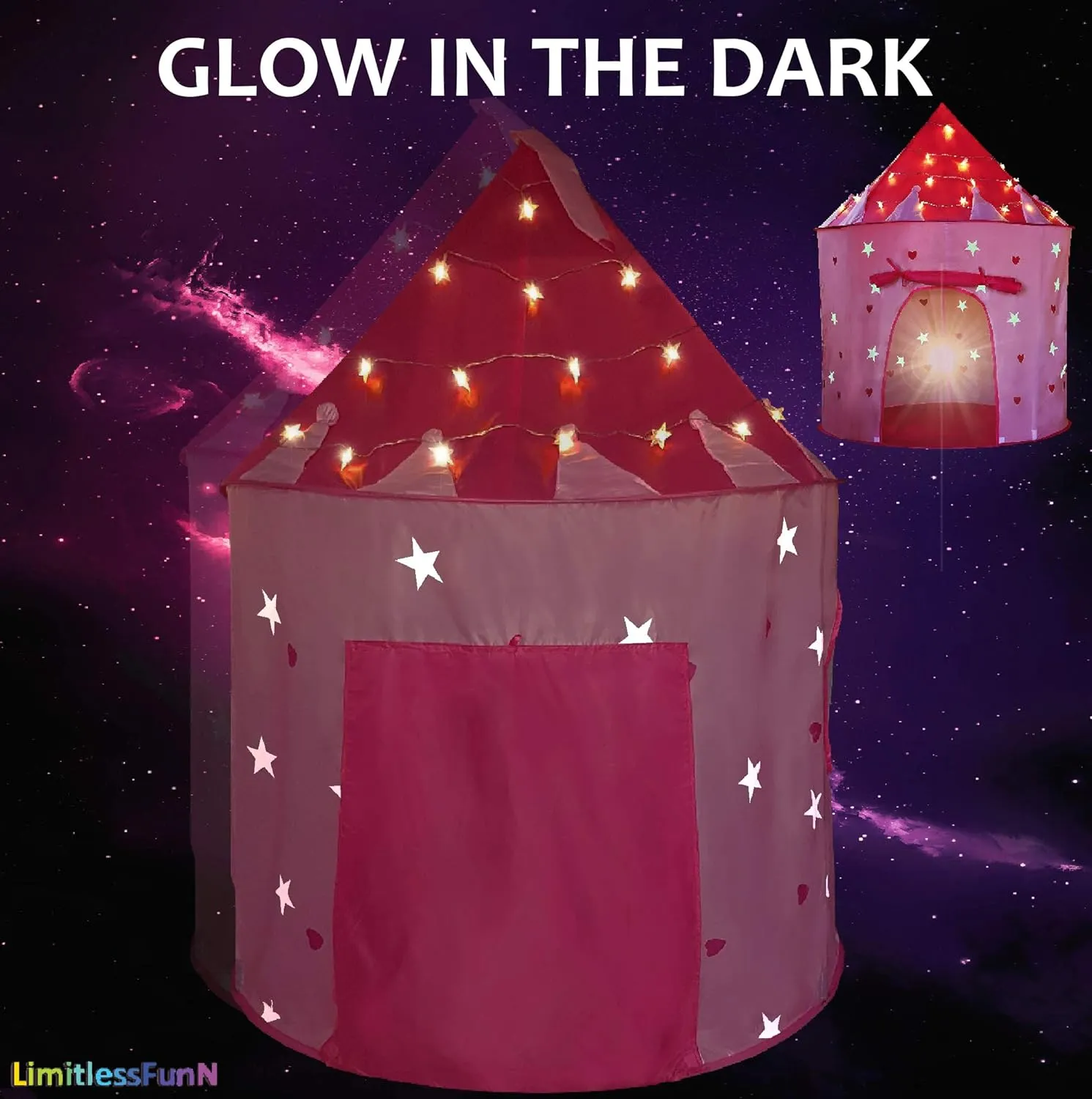 LimitlessFunN Princess Pop Up Kids Play Tent | Includes Star Lights & Carrying Case |, Children Indoor Castle Playhouse for Girls, Toddlers, 41" D x 41" W x 53" H