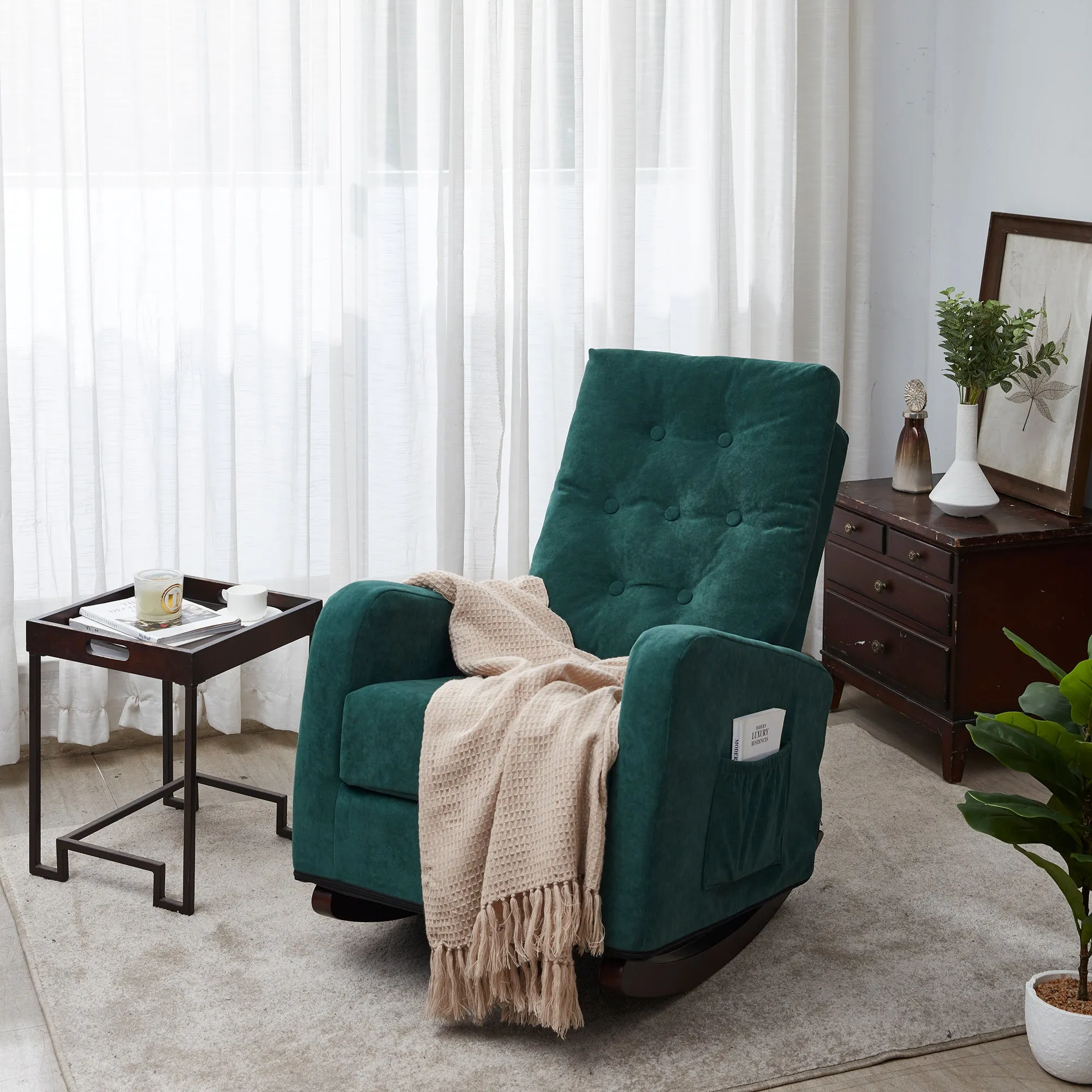 Living Room Chair Lazy Recliner Comfortable Fabric High Back Armchair- Antique Green