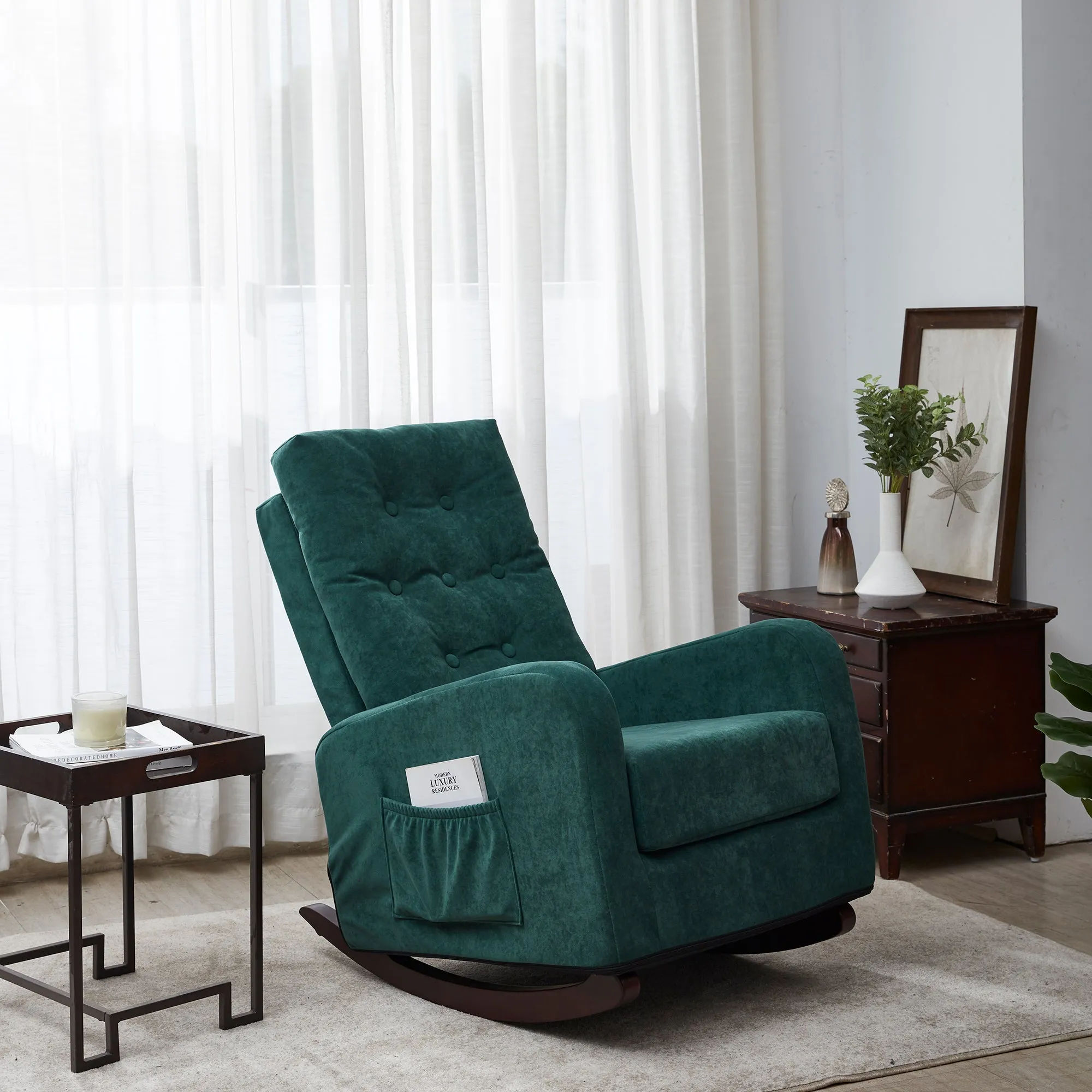 Living Room Chair Lazy Recliner Comfortable Fabric High Back Armchair- Antique Green