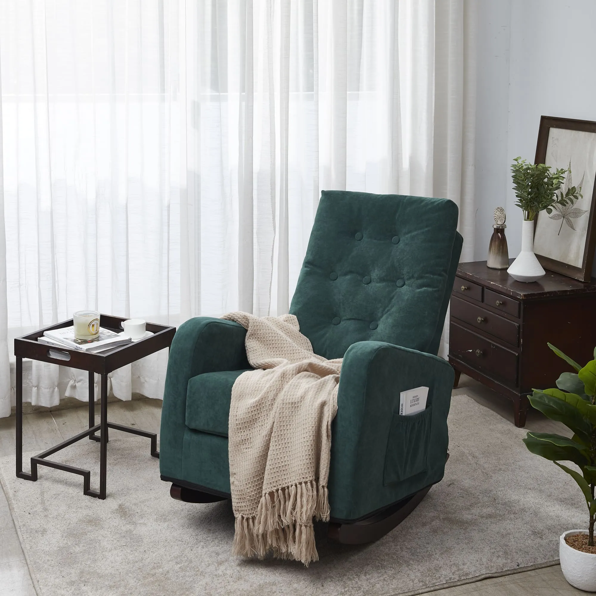 Living Room Chair Lazy Recliner Comfortable Fabric High Back Armchair- Antique Green