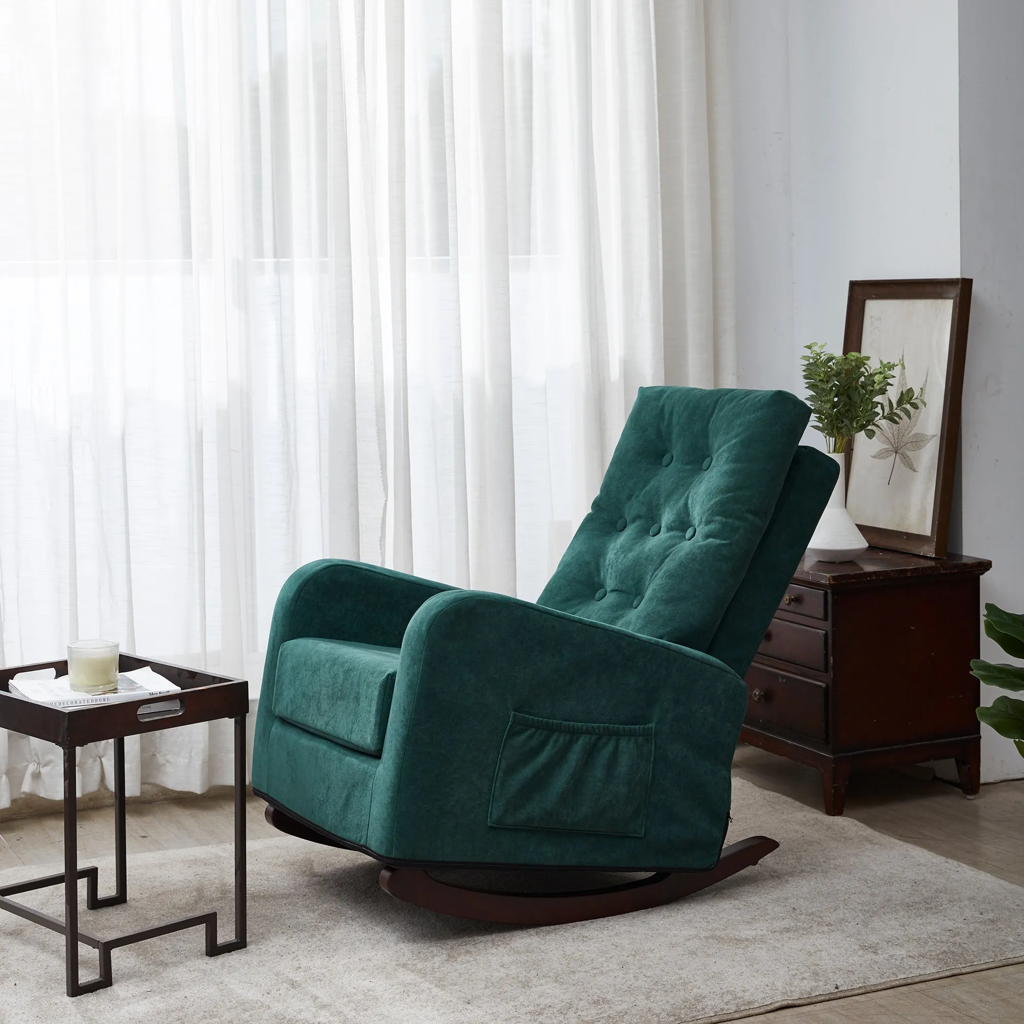 Living Room Chair Lazy Recliner Comfortable Fabric High Back Armchair- Antique Green