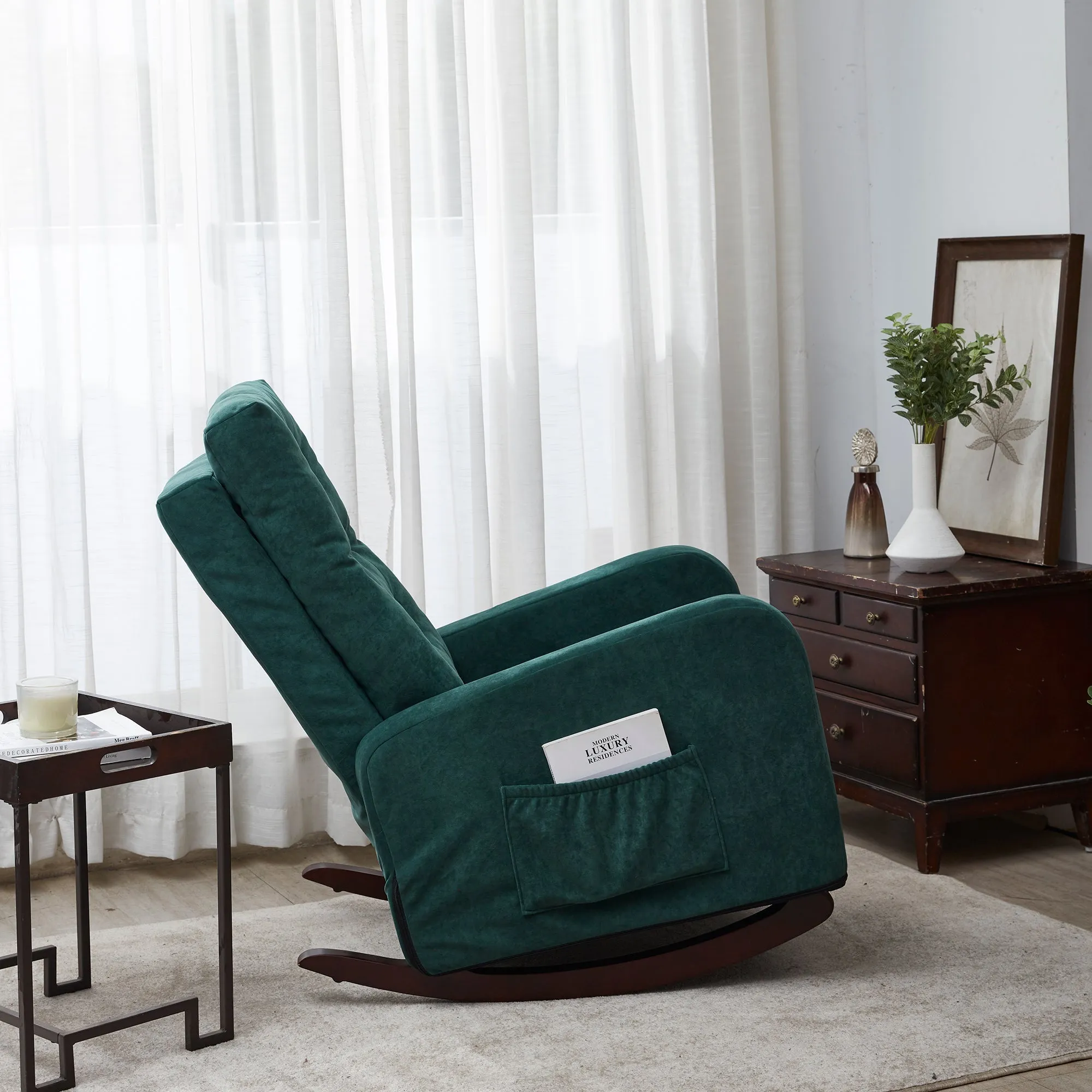 Living Room Chair Lazy Recliner Comfortable Fabric High Back Armchair- Antique Green