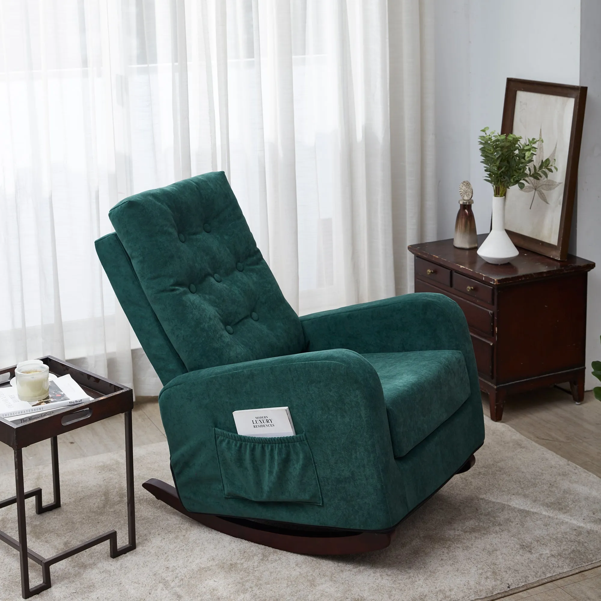 Living Room Chair Lazy Recliner Comfortable Fabric High Back Armchair- Antique Green