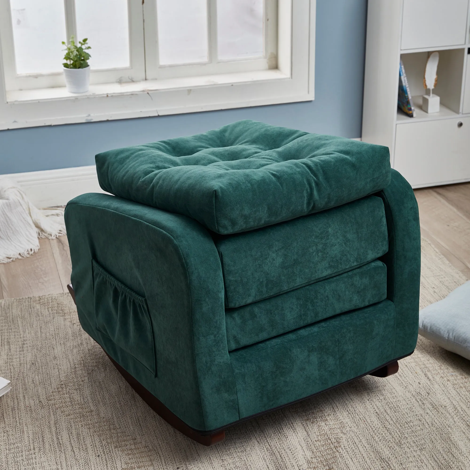 Living Room Chair Lazy Recliner Comfortable Fabric High Back Armchair- Antique Green