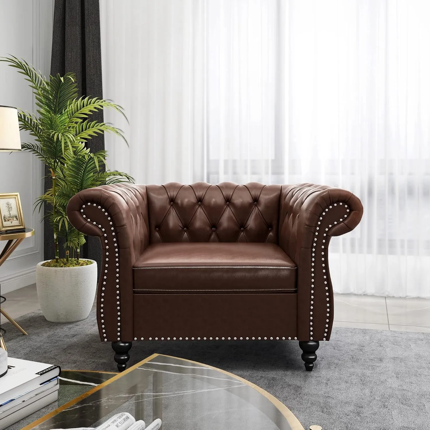 Living Room Chair, Modern Leather Chesterfield Sofa Chair, Mid Century Single Sofa Couch Chair with Tufted Back and Rolled Arms, Accent Sofa for Living Room Apartment, Brown