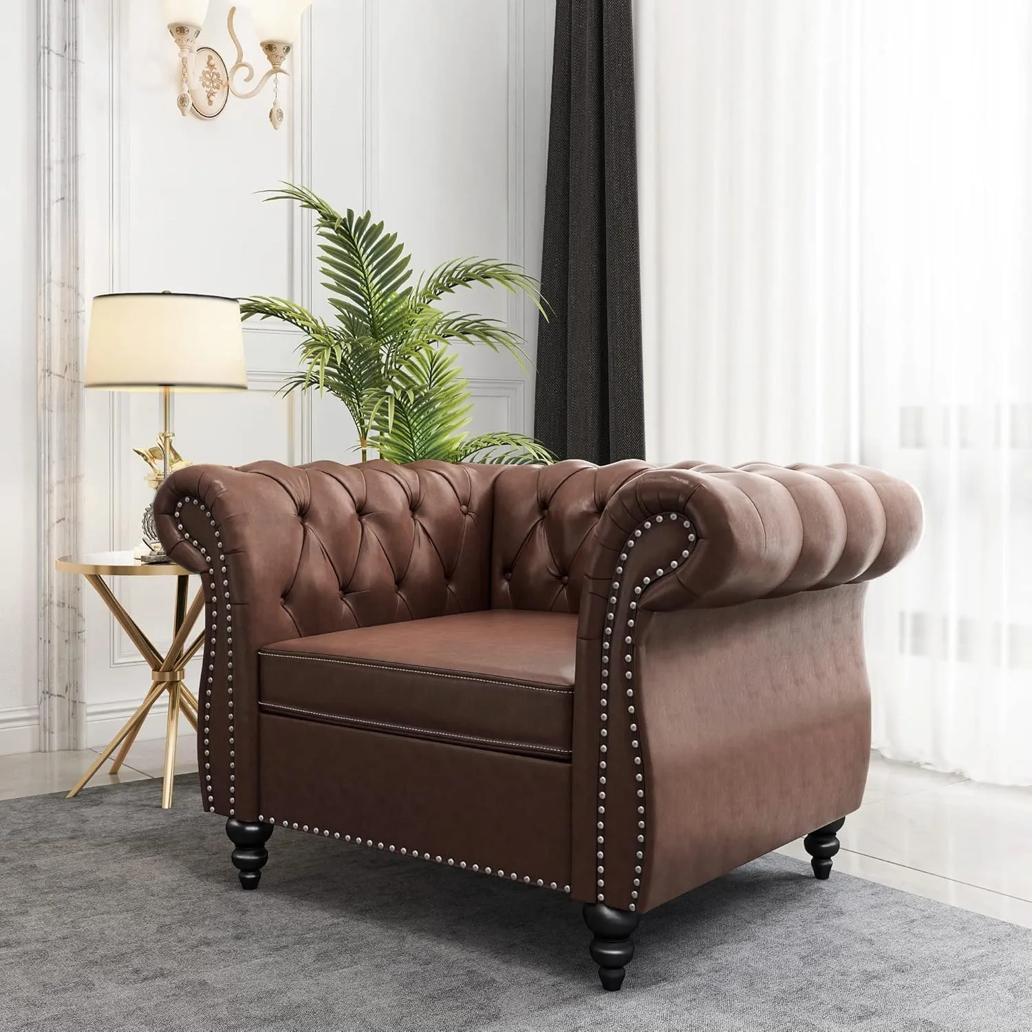 Living Room Chair, Modern Leather Chesterfield Sofa Chair, Mid Century Single Sofa Couch Chair with Tufted Back and Rolled Arms, Accent Sofa for Living Room Apartment, Brown