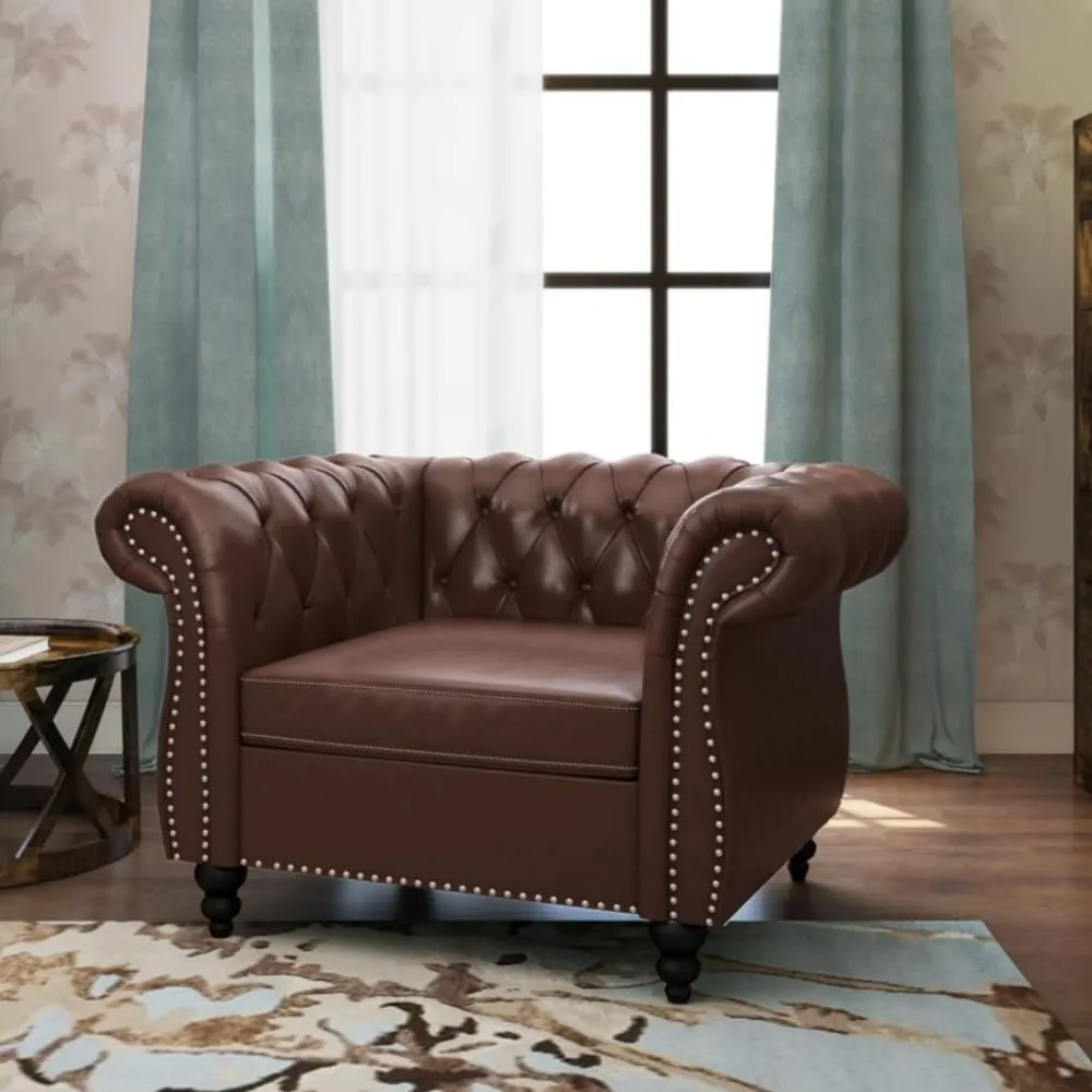 Living Room Chair, Modern Leather Chesterfield Sofa Chair, Mid Century Single Sofa Couch Chair with Tufted Back and Rolled Arms, Accent Sofa for Living Room Apartment, Brown