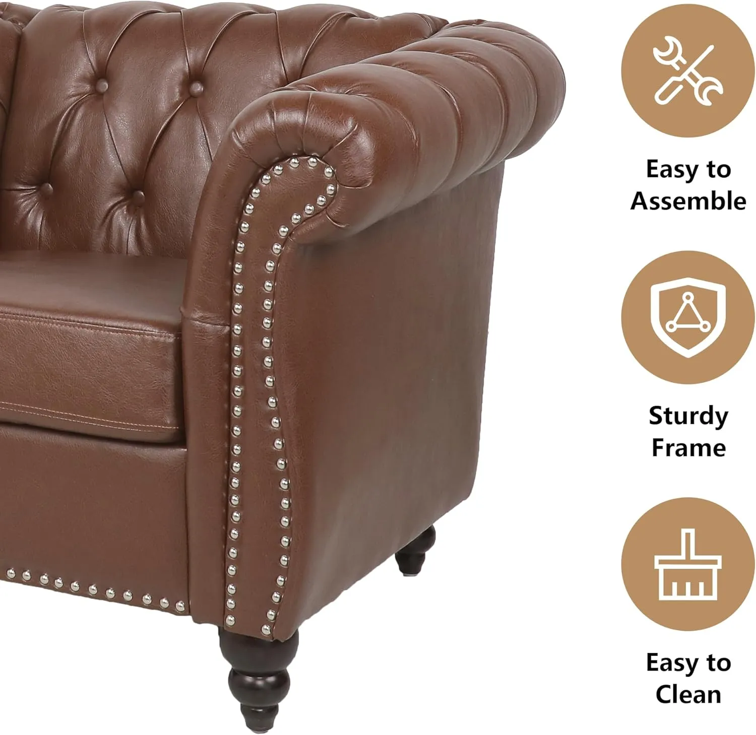 Living Room Chair, Modern Leather Chesterfield Sofa Chair, Mid Century Single Sofa Couch Chair with Tufted Back and Rolled Arms, Accent Sofa for Living Room Apartment, Brown
