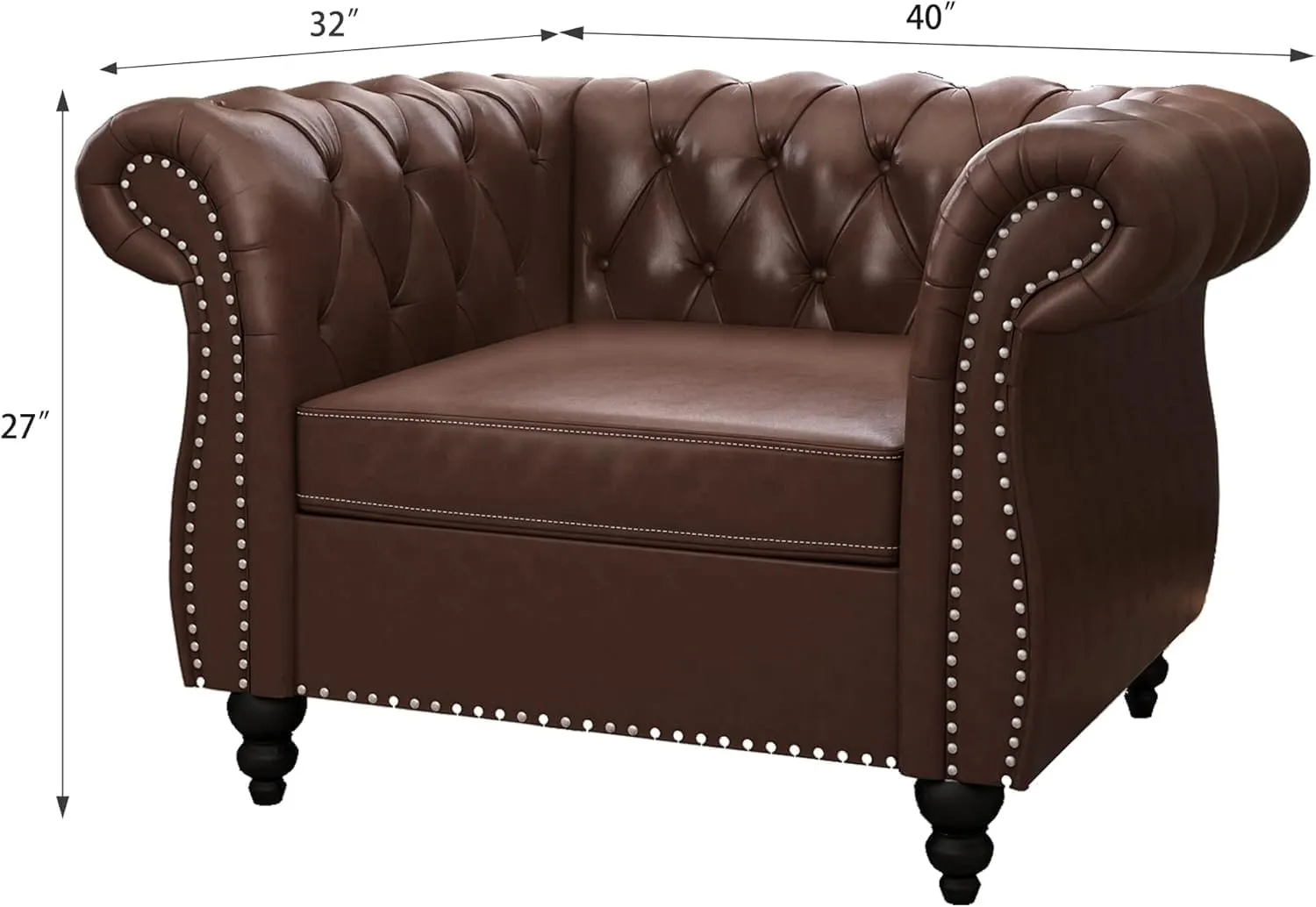Living Room Chair, Modern Leather Chesterfield Sofa Chair, Mid Century Single Sofa Couch Chair with Tufted Back and Rolled Arms, Accent Sofa for Living Room Apartment, Brown