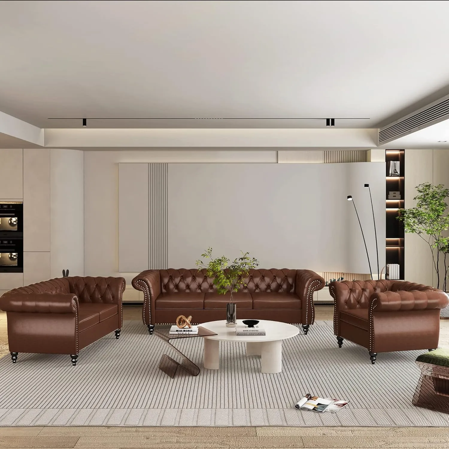 Living Room Chair, Modern Leather Chesterfield Sofa Chair, Mid Century Single Sofa Couch Chair with Tufted Back and Rolled Arms, Accent Sofa for Living Room Apartment, Brown