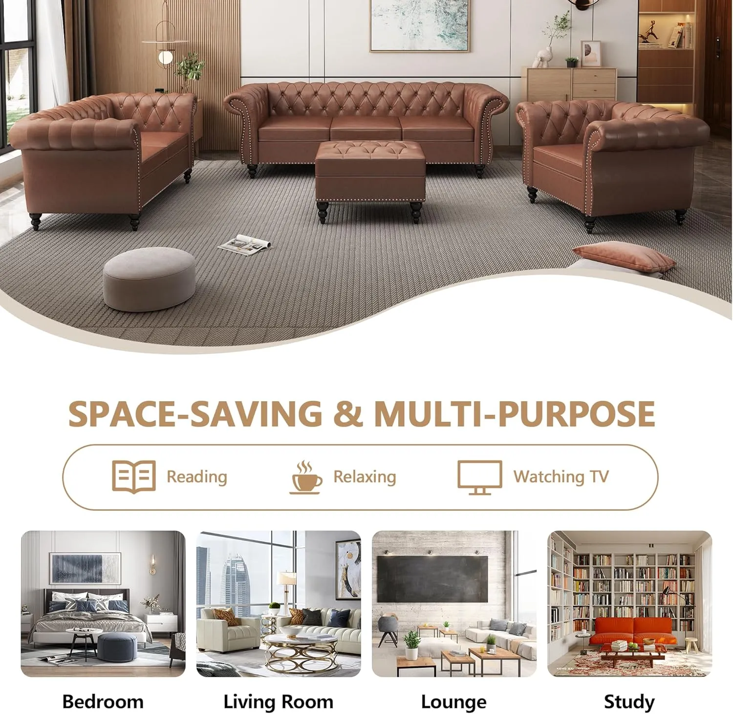 Living Room Chair, Modern Leather Chesterfield Sofa Chair, Mid Century Single Sofa Couch Chair with Tufted Back and Rolled Arms, Accent Sofa for Living Room Apartment, Brown