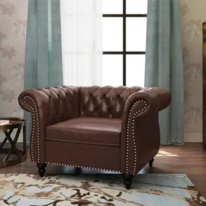 Living Room Chair, Modern Leather Chesterfield Sofa Chair, Mid Century Single Sofa Couch Chair with Tufted Back and Rolled Arms, Accent Sofa for Living Room Apartment, Brown