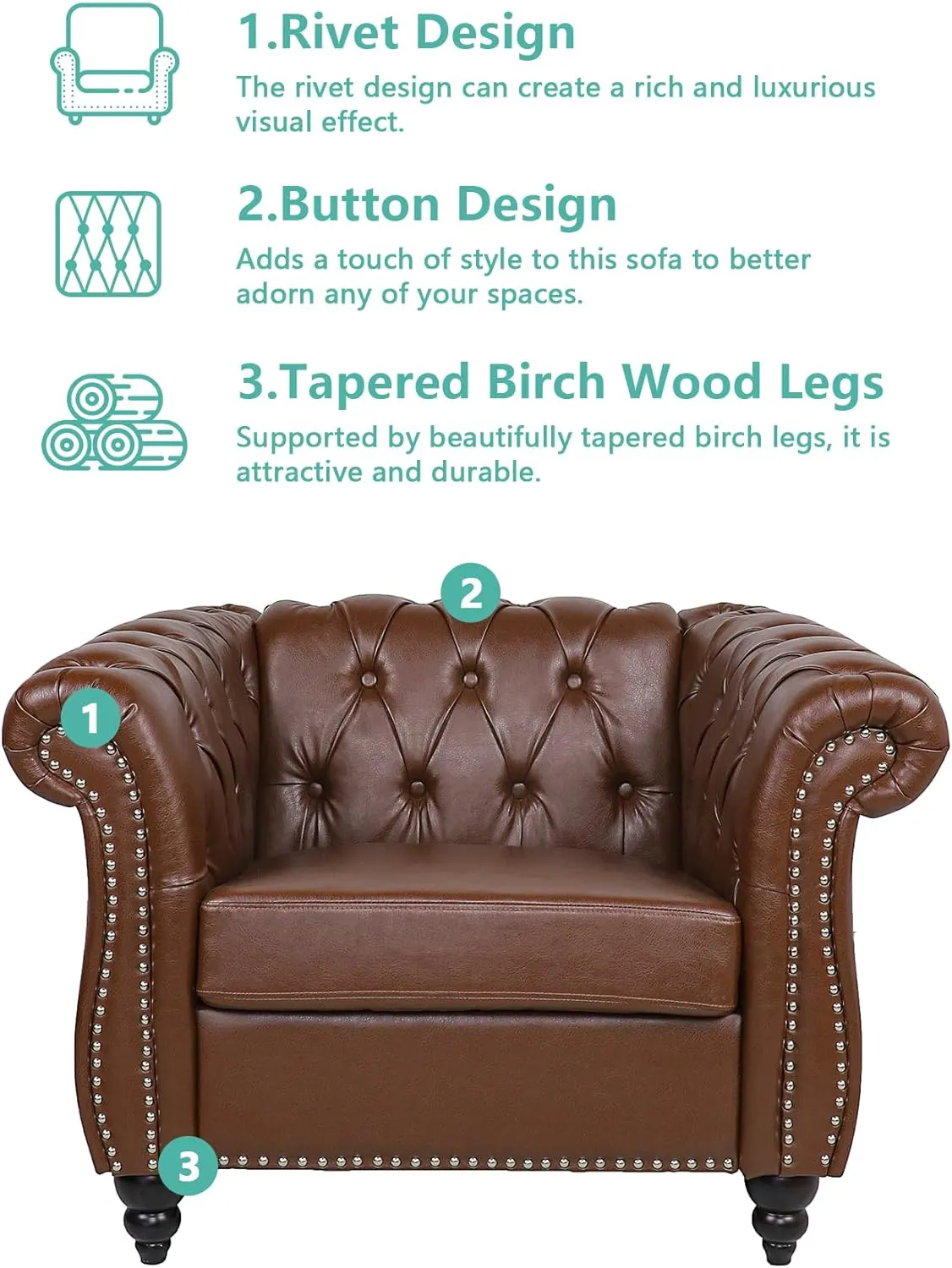 Living Room Chair, Modern Leather Chesterfield Sofa Chair, Mid Century Single Sofa Couch Chair with Tufted Back and Rolled Arms, Accent Sofa for Living Room Apartment, Brown