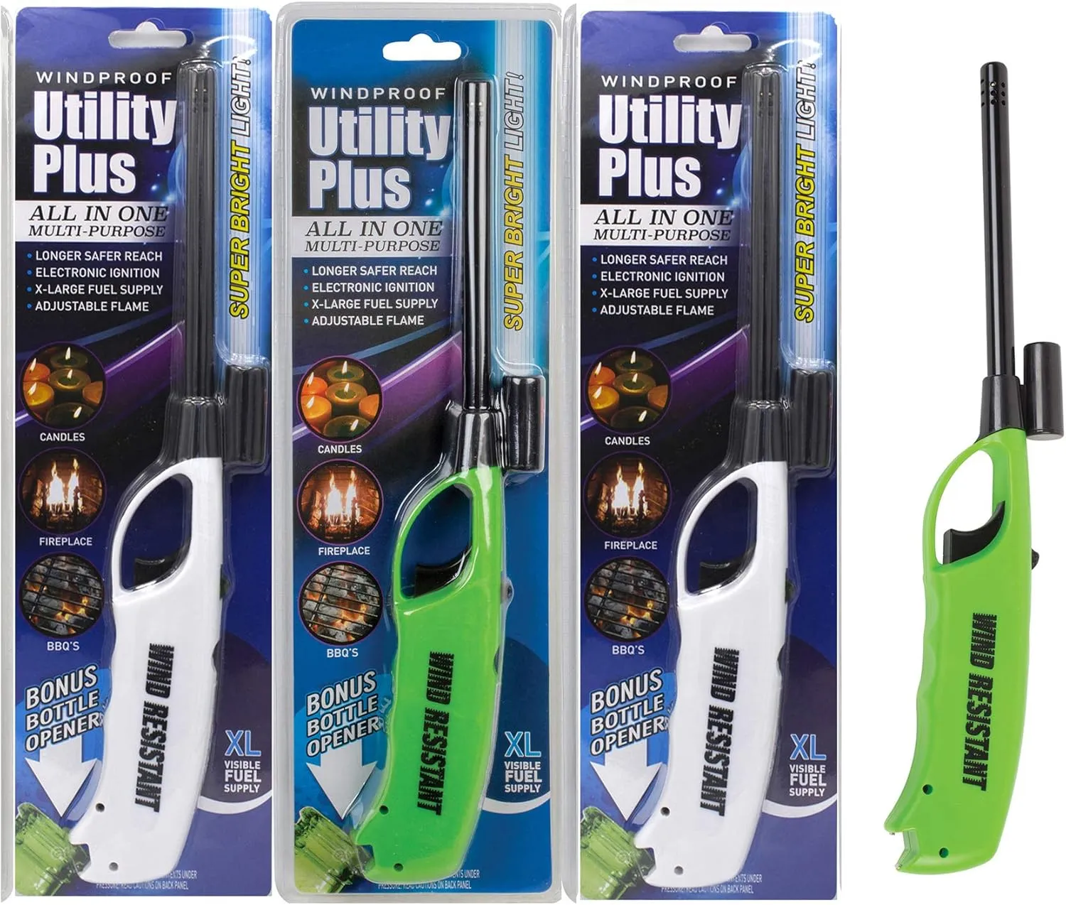 Long Windproof Lighter With Flashlight, Value Pack of 4, Multipurpose Jet Flame Extended Neck, Ideal for BBQ Grill Camping Gas Stove Fireplace