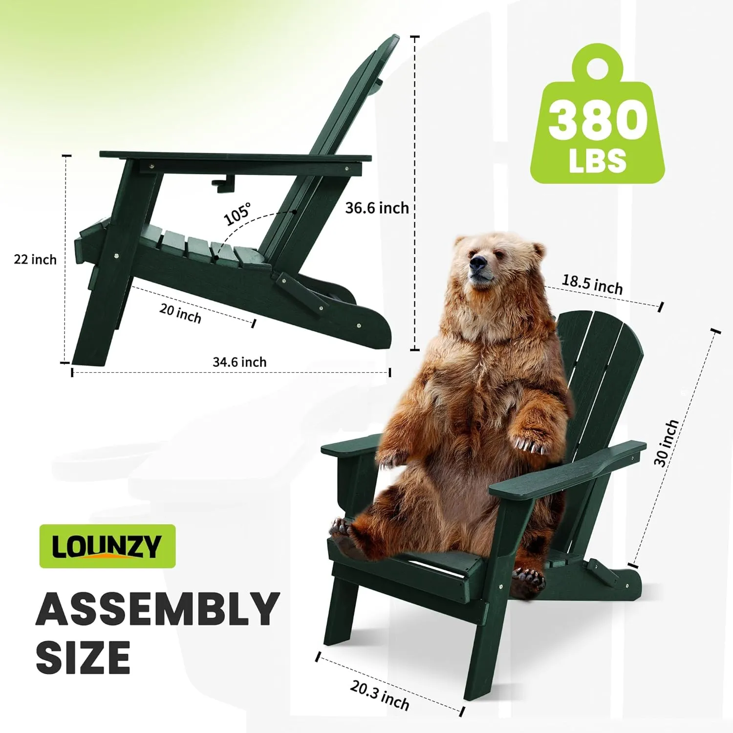 LOUNZY Folding Adirondack Chair, Green
