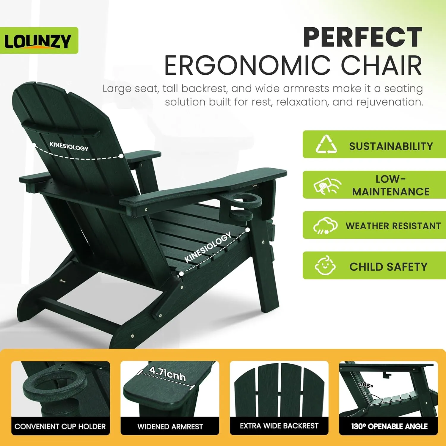 LOUNZY Folding Adirondack Chair, Green