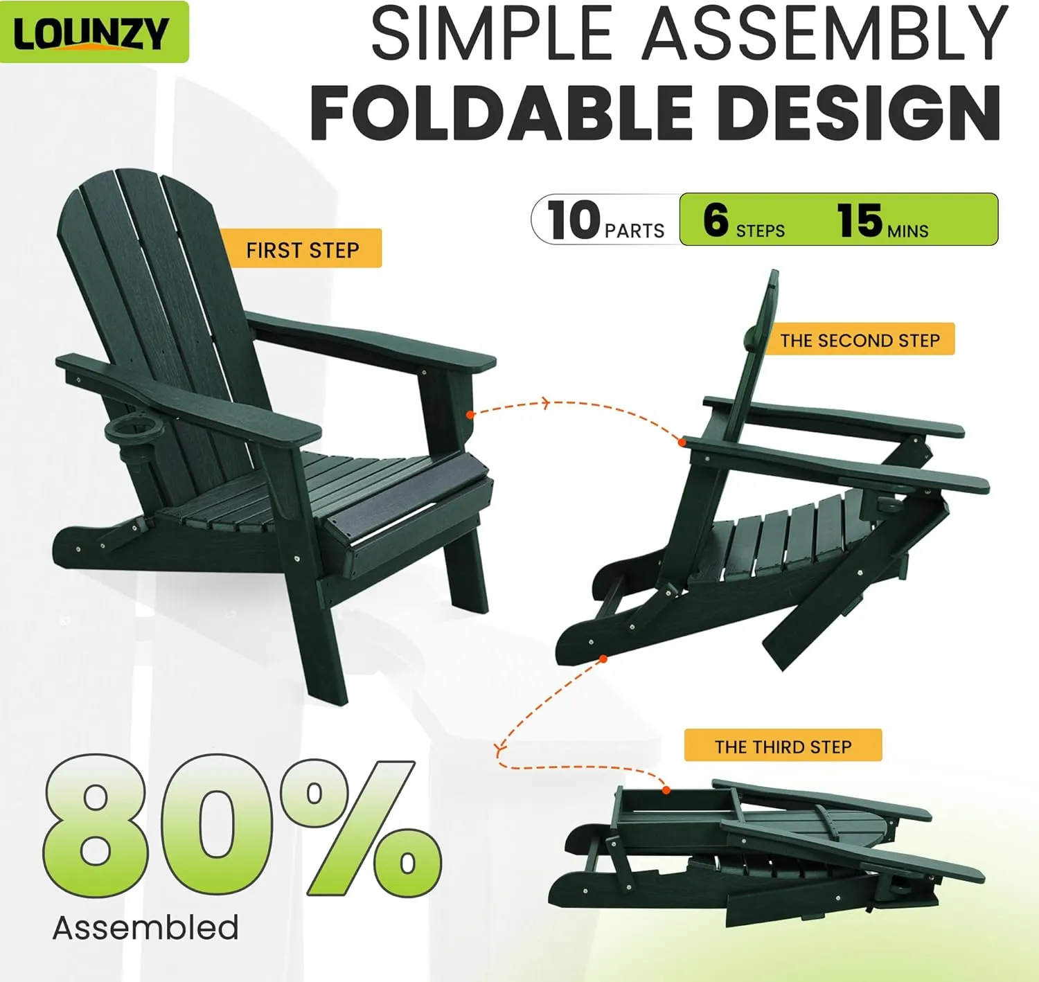 LOUNZY Folding Adirondack Chair, Green