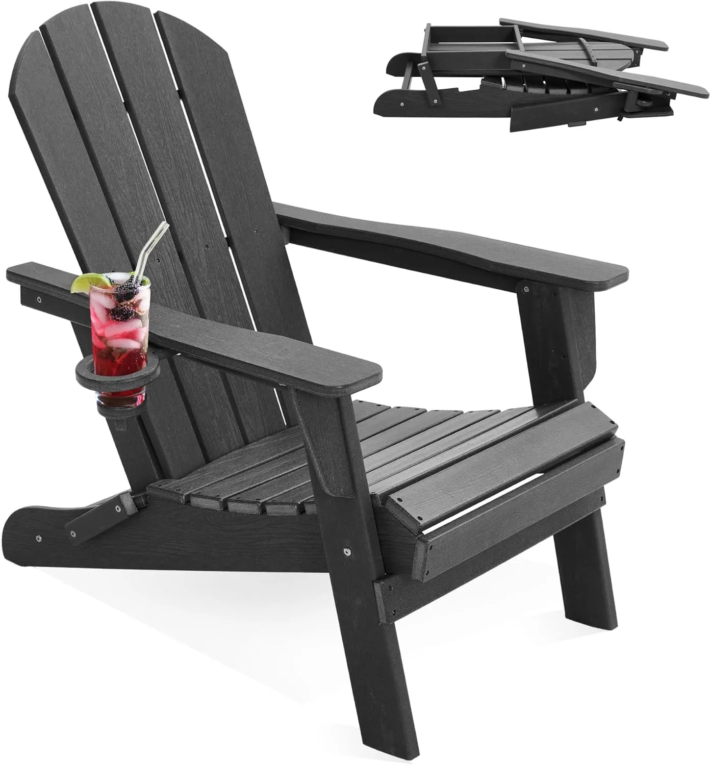LOUNZY Folding Adirondack Chair with Cup Holder, HDPE All-Weather Folding Patio Chair, Outdoor Patio Adirondack Chair for Lawn Porch Garden Backyard Deck Fire Pit, Gray