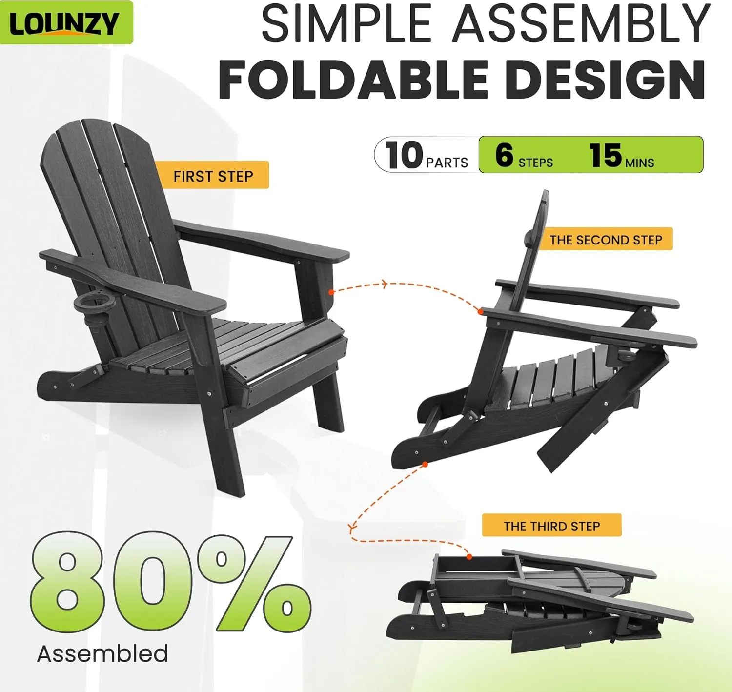 LOUNZY Folding Adirondack Chair with Cup Holder, HDPE All-Weather Folding Patio Chair, Outdoor Patio Adirondack Chair for Lawn Porch Garden Backyard Deck Fire Pit, Gray