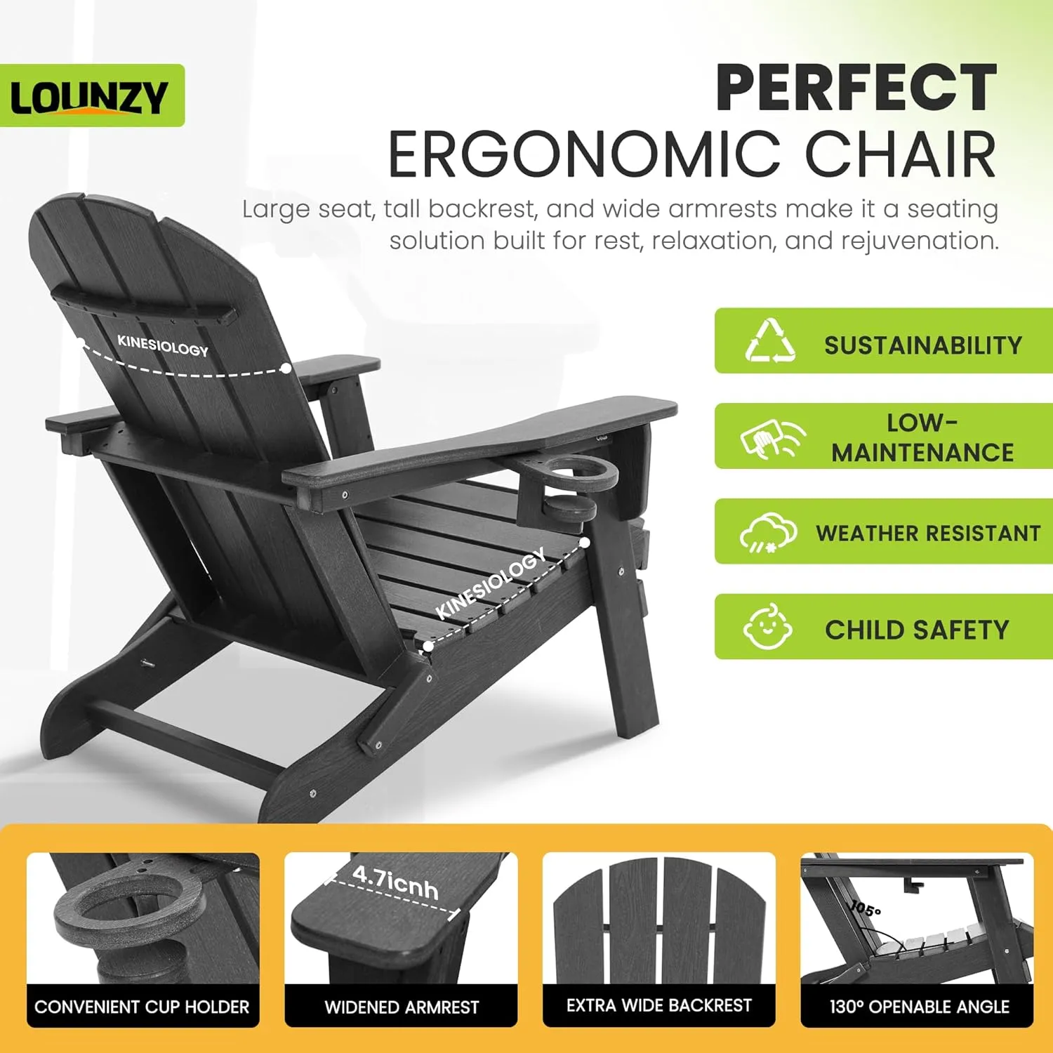 LOUNZY Folding Adirondack Chair with Cup Holder, HDPE All-Weather Folding Patio Chair, Outdoor Patio Adirondack Chair for Lawn Porch Garden Backyard Deck Fire Pit, Gray