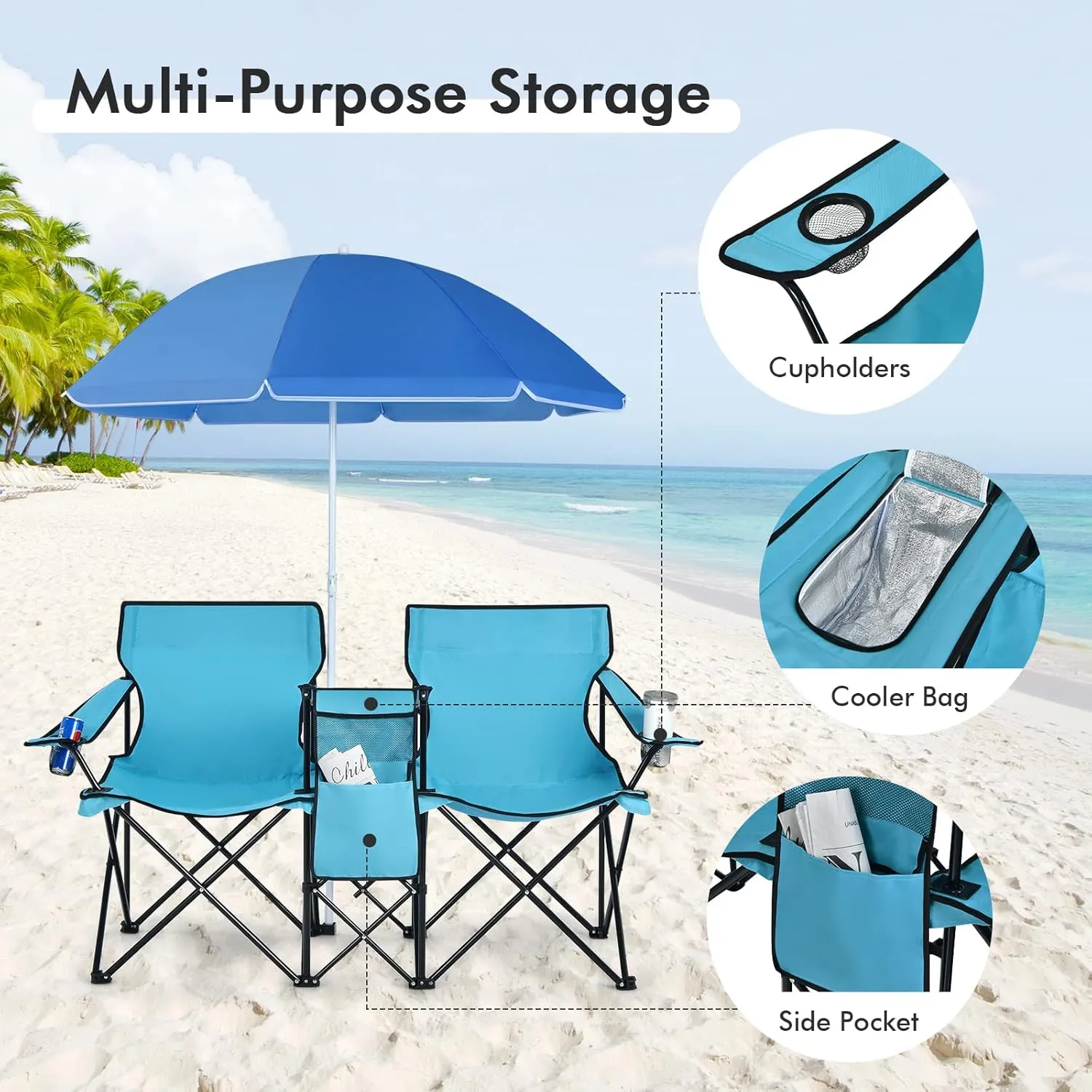 LUARANE Folding Double Camping Chair, Outdoor Picnic Chairs w/Removable Umbrella, Mini Table, Cup Holder & Carrying Bag, Portable Camping Loveseat for Patio, Pool, Lawn, Beach, Park (Turquoise)