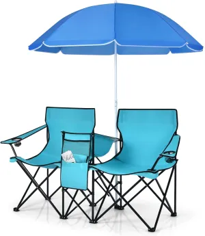LUARANE Folding Double Camping Chair, Outdoor Picnic Chairs w/Removable Umbrella, Mini Table, Cup Holder & Carrying Bag, Portable Camping Loveseat for Patio, Pool, Lawn, Beach, Park (Turquoise)