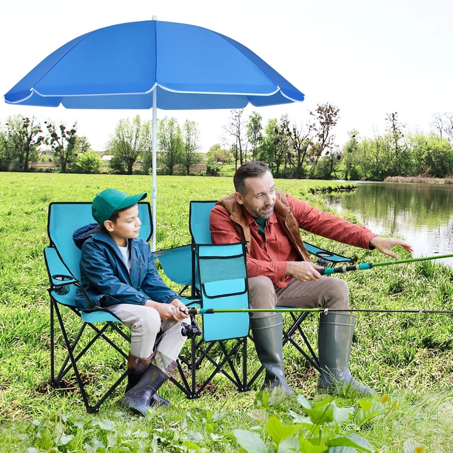 LUARANE Folding Double Camping Chair, Outdoor Picnic Chairs w/Removable Umbrella, Mini Table, Cup Holder & Carrying Bag, Portable Camping Loveseat for Patio, Pool, Lawn, Beach, Park (Turquoise)