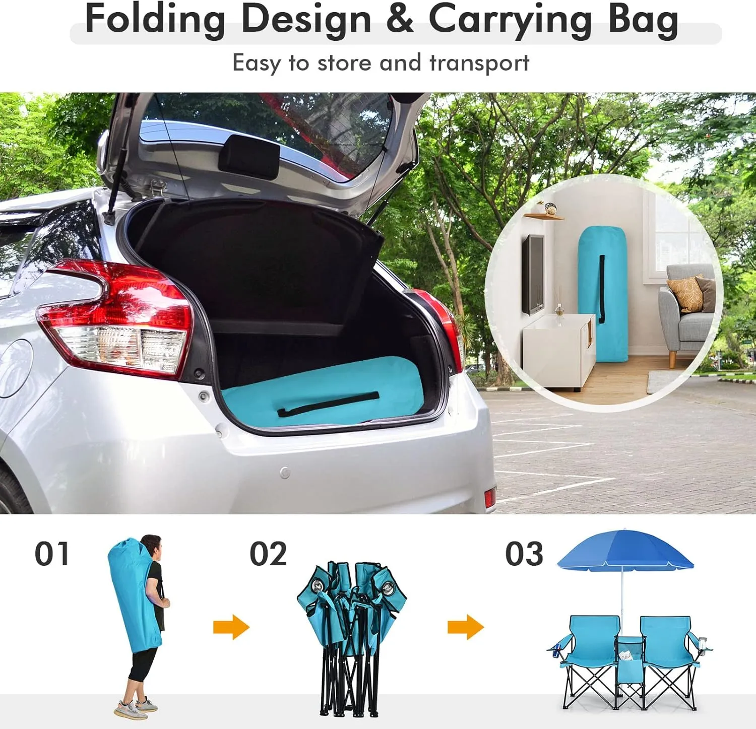LUARANE Folding Double Camping Chair, Outdoor Picnic Chairs w/Removable Umbrella, Mini Table, Cup Holder & Carrying Bag, Portable Camping Loveseat for Patio, Pool, Lawn, Beach, Park (Turquoise)