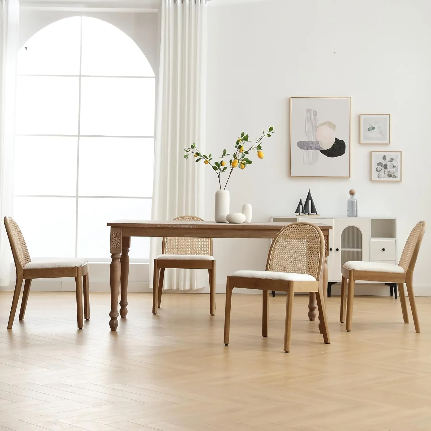 Mid Century Dining Chairs Set of 4, Accent Rattan Side Chairs Sherpa Fabric Kitchen Chair with Solid Wooden Legs for Living Room Dining Room, White