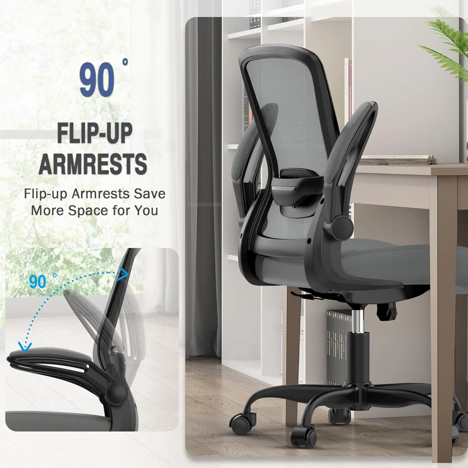 Mimoglad Modern Ergonomic Office Chair, Mesh Back with Flip-up Arms, Adjustable Lumbar Support, BIFMA Certified, Graphite
