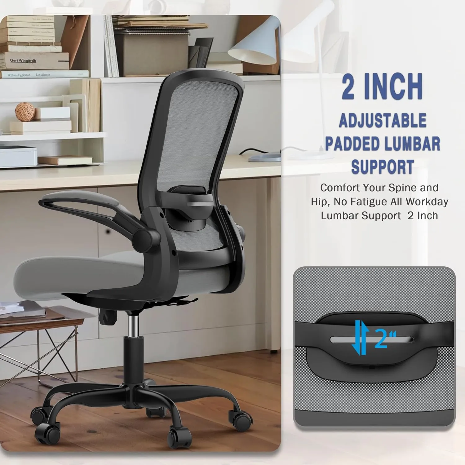 Mimoglad Modern Ergonomic Office Chair, Mesh Back with Flip-up Arms, Adjustable Lumbar Support, BIFMA Certified, Graphite