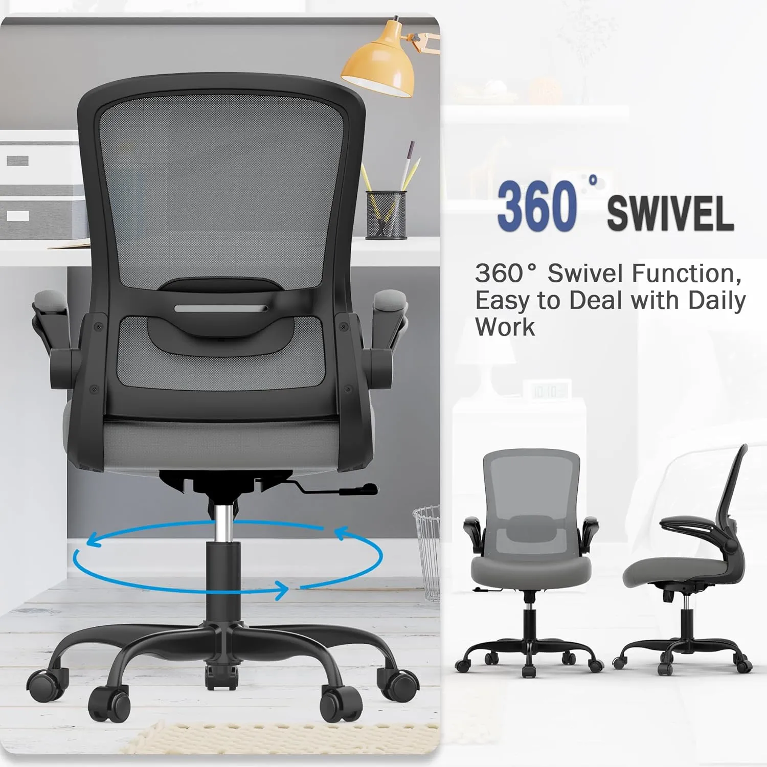 Mimoglad Modern Ergonomic Office Chair, Mesh Back with Flip-up Arms, Adjustable Lumbar Support, BIFMA Certified, Graphite