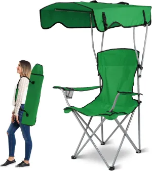 Moclever Folding Canopy Camp Chair – Heavy Duty Beach Chair with Sun Protection, Cup Holder & Padded Armrests for Outdoor Camping, Lawn, Park, Patio (Green)